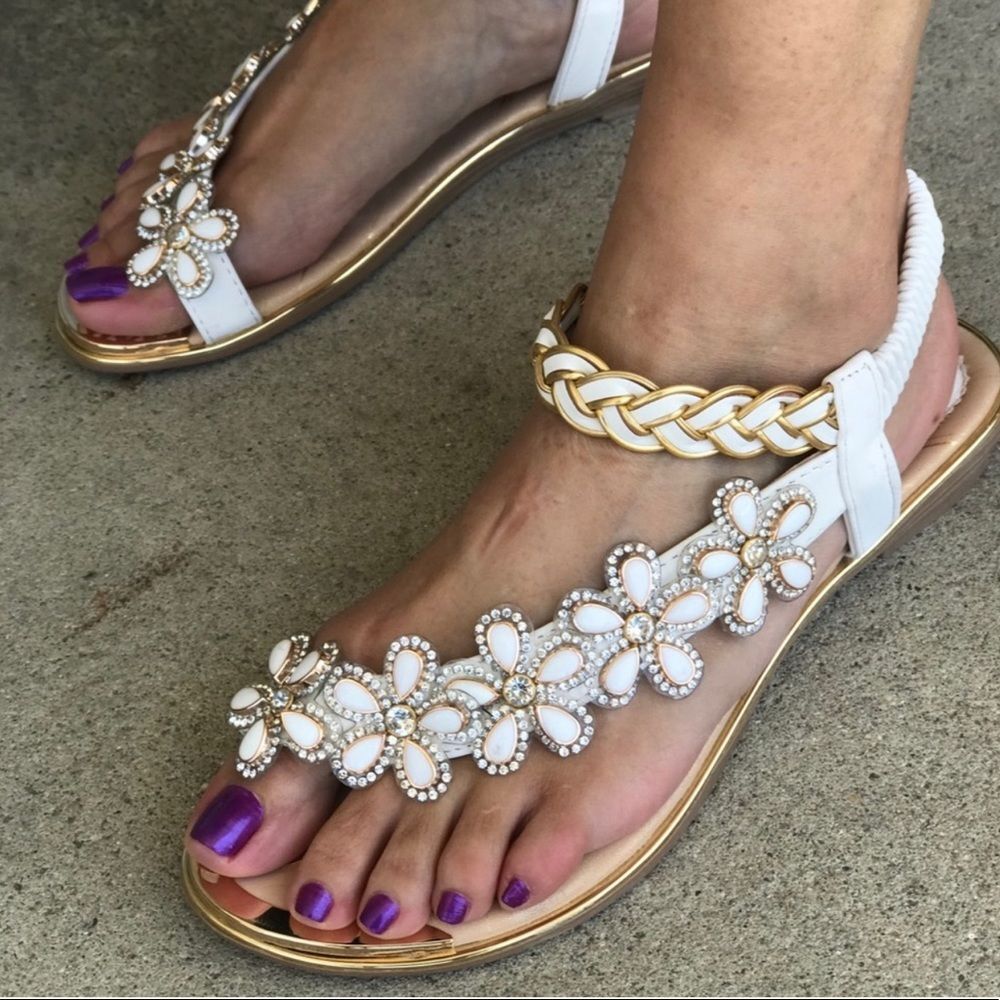 3 Left!  Italina Camel Floral Rhinestone Flat Sandal - Picture 12 of 13